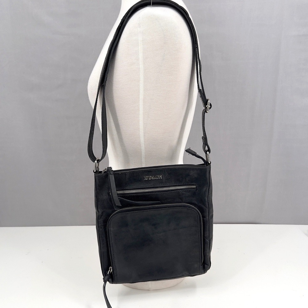 Estalon Women's Black Leather Crossbody Bag Multi Zip‎ Adjustable Strap Slim